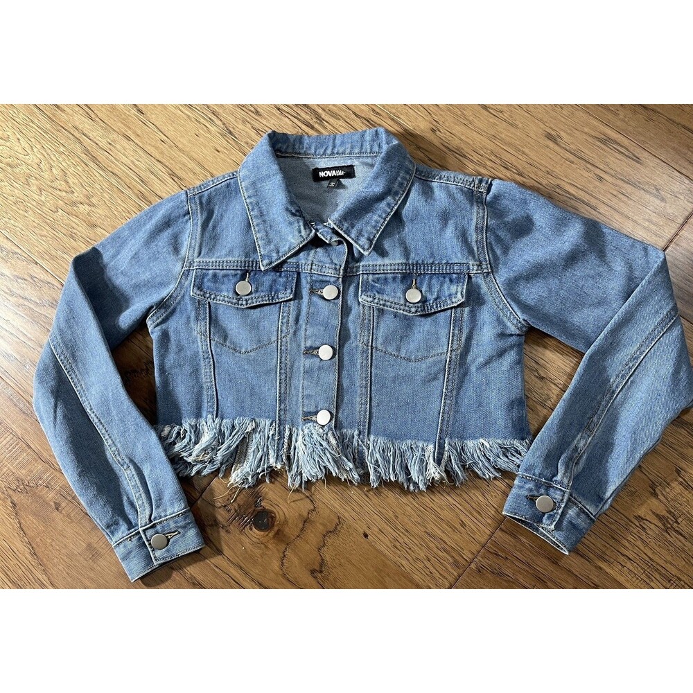 Nova kids Denim Jacket Kids Size 14 Button Front fringed Cropped